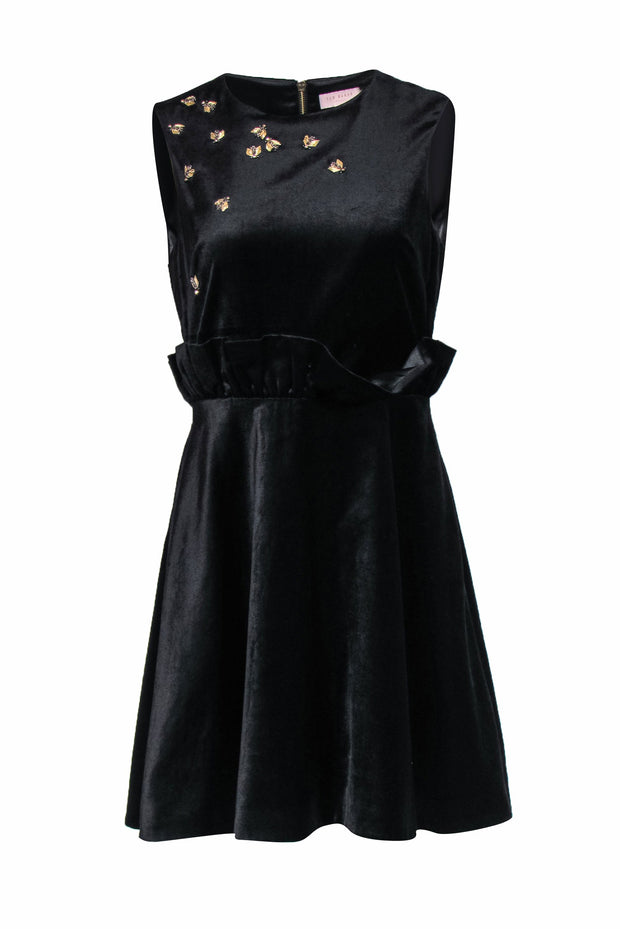 Ted Baker - Black Velvet Fit & Flare Dress w/ Beaded Bee Embellishment Ted Baker - Black Velvet Fit & Flare Dress w/ Beaded Bee Embellishment