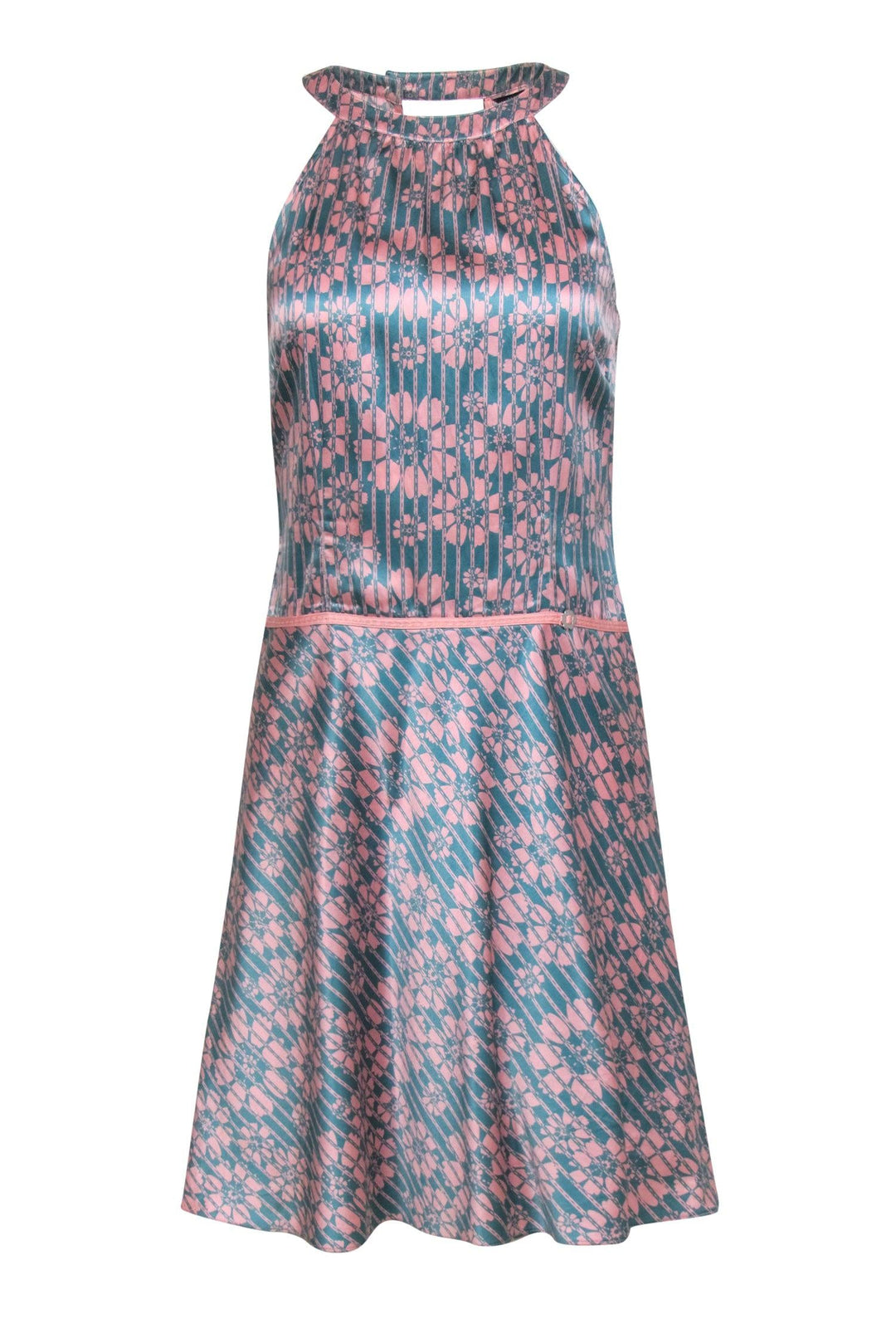 Ted Baker - Teal & Pink Floral Satin A-Line Dress Sz 6 Ted Baker - Teal & Pink Floral Satin A-Line Dress Sz 6