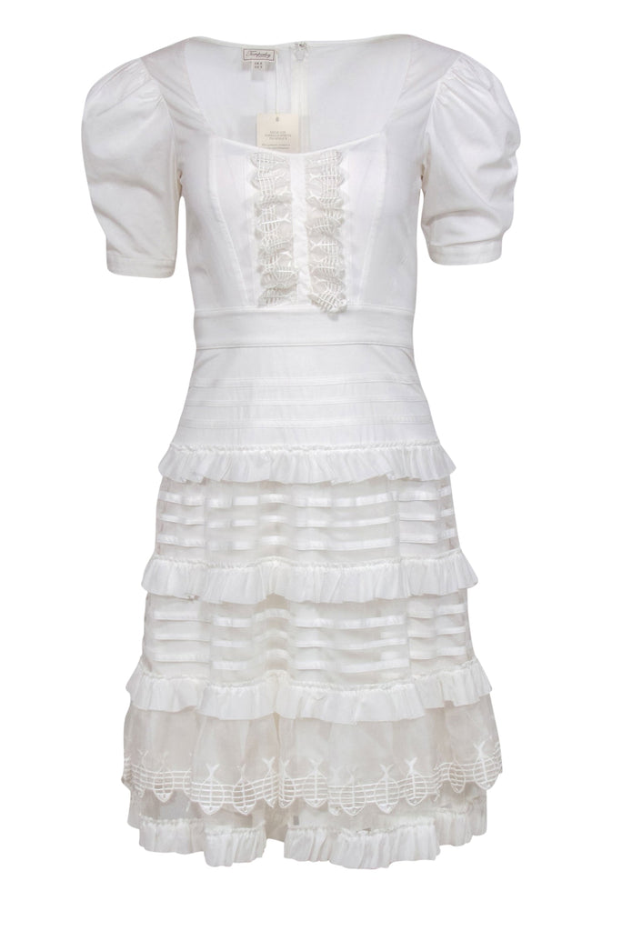 Temperley London - White Cotton Puff Sleeve Dress w/ Fish Trim Sz 2 Temperley London - White Cotton Puff Sleeve Dress w/ Fish Trim Sz 2