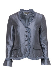 Current Boutique-Teri Jon - Blueish Silver Silk Blend Ruffle Jacket Sz 4