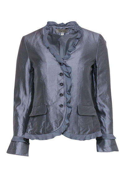 Current Boutique-Teri Jon - Blueish Silver Silk Blend Ruffle Jacket Sz 4