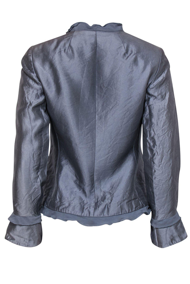 Current Boutique-Teri Jon - Blueish Silver Silk Blend Ruffle Jacket Sz 4