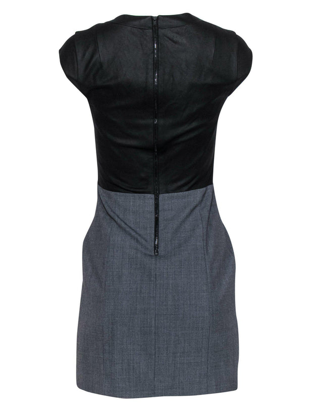 Current Boutique-Theory - Black Leather & Gray Cap Sleeve Sheath Dress Sz 2