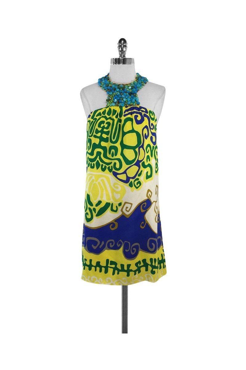 Tibi - Yellow & Blue Print Silk Halter Beaded Dress Sz 2