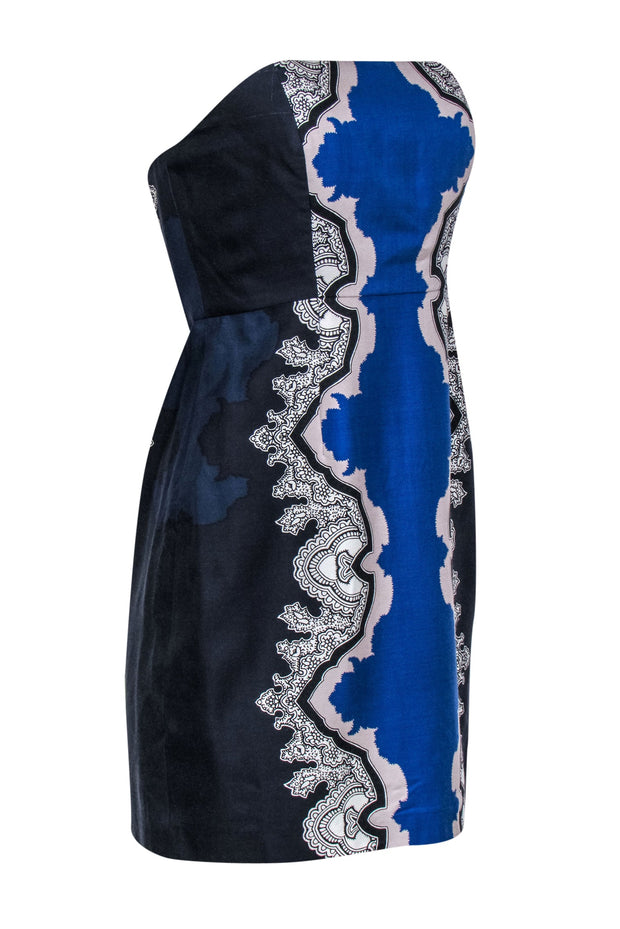 Current Boutique-Tibi - Navy, Cobalt & White Strapless Silk Printed Mini Dress Sz 6
