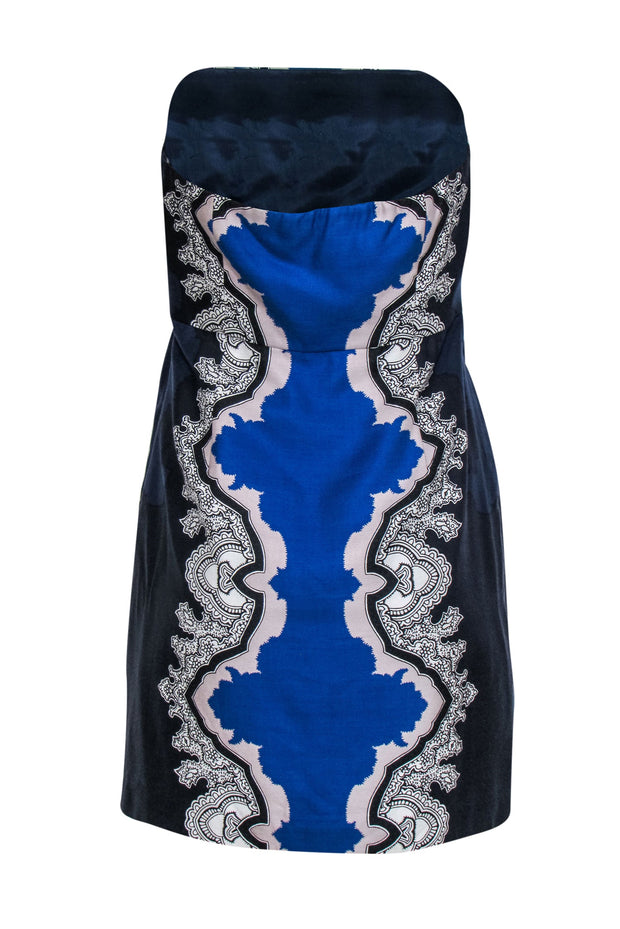 Current Boutique-Tibi - Navy, Cobalt & White Strapless Silk Printed Mini Dress Sz 6