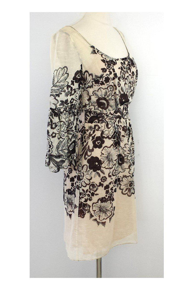 Tracy Reese - Tan & Brown Floral Print Linen Blend Dress Sz 0 Tracy Reese - Tan & Brown Floral Print Linen Blend Dress Sz 0