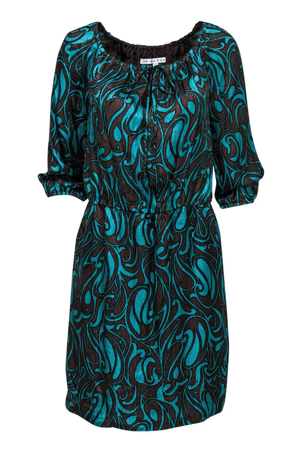 Trina Turk - Teal & Brown Paisley Printed Silk Sheath Dress Sz 0 Trina Turk - Teal & Brown Paisley Printed Silk Sheath Dress Sz 0