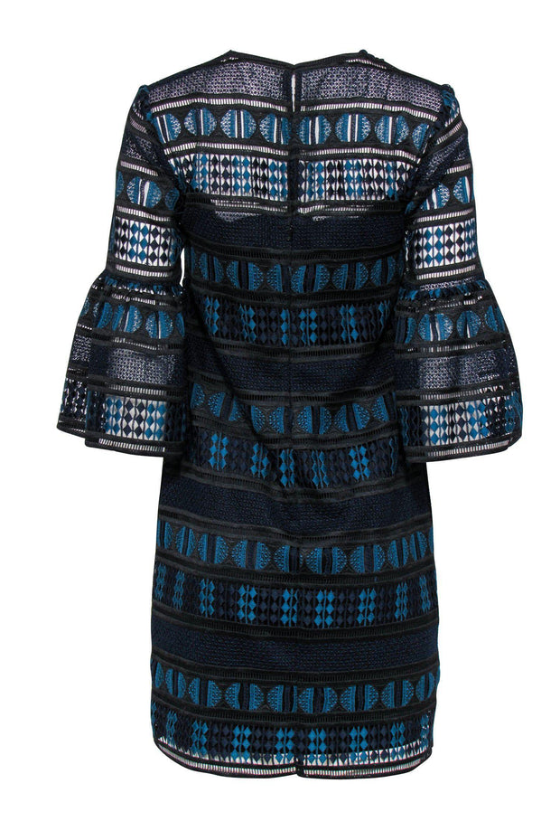Trina Turk - Navy, Teal & Black Lace & Eyelet Bell Sleeve Shift Dress Trina Turk - Navy, Teal & Black Lace & Eyelet Bell Sleeve Shift Dress