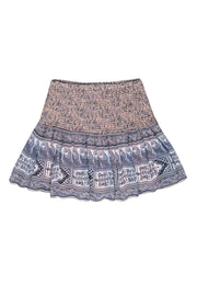Current Boutique-Ulla Johnson - Light Pink & Blue Floral & Bohemian Print Smocked Silk Miniskirt Sz 2