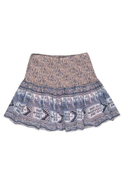 Current Boutique-Ulla Johnson - Light Pink & Blue Floral & Bohemian Print Smocked Silk Miniskirt Sz 2