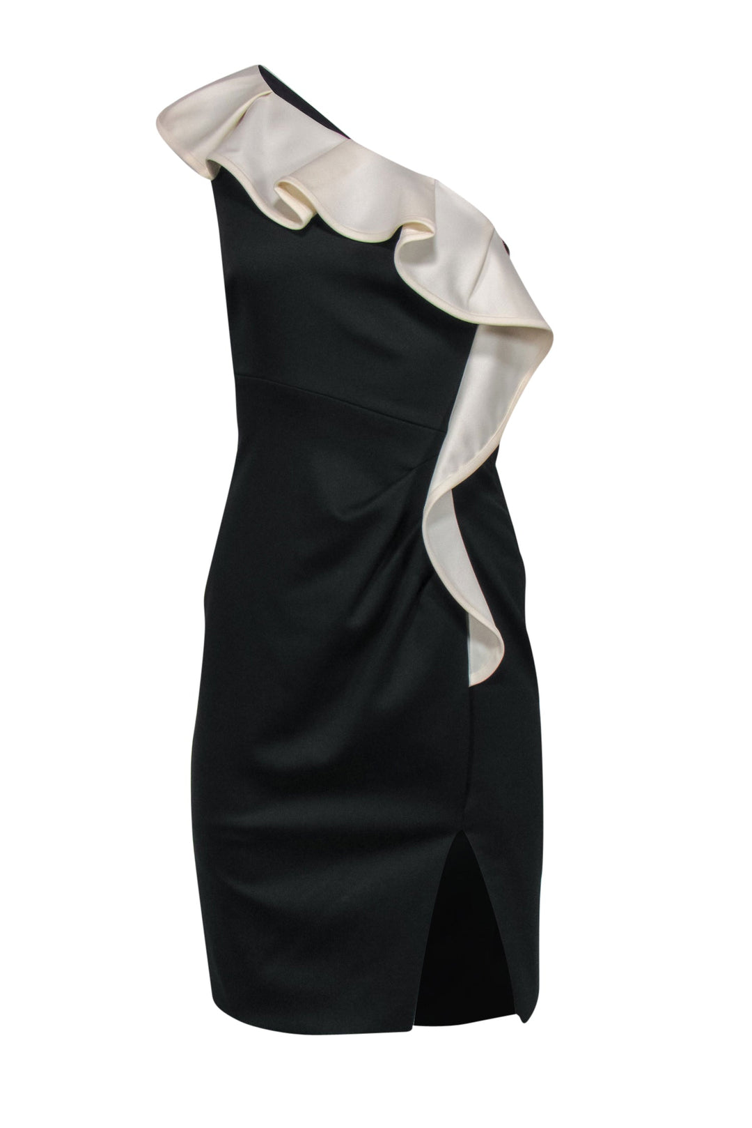 Valentino - Black One Shoulder Sheath Cocktail Dress w/ Ivory Ruffle S Valentino - Black One Shoulder Sheath Cocktail Dress w/ Ivory Ruffle S