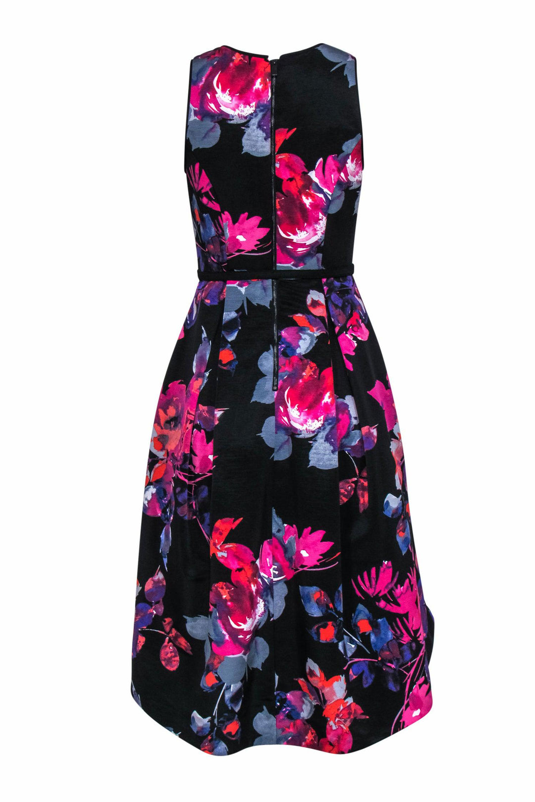 Vince Camuto - Black, Purple & Pink Floral Print Pleated High-Low Midi Vince Camuto - Black, Purple & Pink Floral Print Pleated High-Low Midi