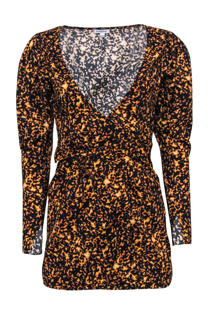 WeWoreWhat - Orange & Black Printed Puff Sleeve Mini Wrap Dress Sz XS