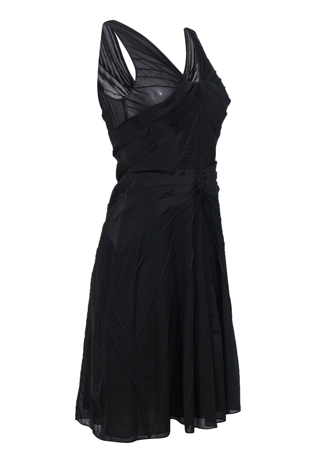 Zac Posen - Black Silk Plunge A-Line Pleated Cocktail Dress Sz 10 Zac Posen - Black Silk Plunge A-Line Pleated Cocktail Dress Sz 10